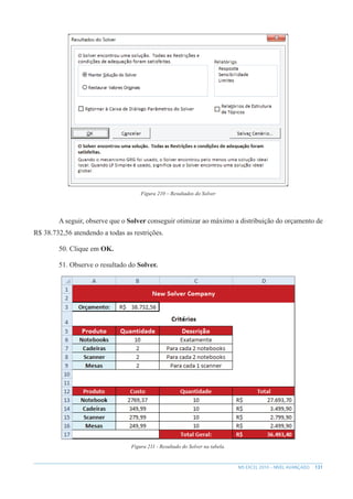 131
MS EXCEL 2010 – NÍVEL AVANÇADO
Figura 210 – Resultados do Solver
A seguir, observe que o Solver conseguir otimizar ao máximo a distribuição do orçamento de
R$ 38.732,56 atendendo a todas as restrições.
50. Clique em OK.
51. Observe o resultado do Solver.
Figura 211 - Resultado do Solver na tabela.
 