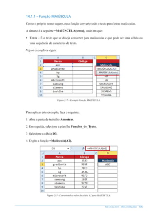 135
MS EXCEL 2010 – NÍVEL AVANÇADO
14.1.1 – Função MAIÚSCULA
Como o próprio nome sugere, essa função converte todo o texto para letras maiúsculas.
A sintaxe é a seguinte =MAIÚSCULA(texto), onde em que:
• Texto – É o texto que se deseja converter para maiúsculas e que pode ser uma célula ou
uma sequência de caracteres de texto.
Veja o exemplo a seguir:
Figura 212 – Exemplo Função MAIÚSCULA.
Para aplicar este exemplo, faça o seguinte:
1. Abra a pasta de trabalho Amostras.
2. Em seguida, selecione a planilha Funções_de_Texto.
3. Selecione a célula D3.
4. Digite a função =Maiúscula(A2).
Figura 213 - Convertendo o valor da célula A2 para MAIÚSCULA.
 