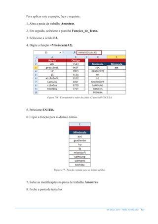 137
MS EXCEL 2010 – NÍVEL AVANÇADO
Para aplicar este exemplo, faça o seguinte:
1. Abra a pasta de trabalho Amostras.
2. Em seguida, selecione a planilha Funções_de_Texto.
3. Selecione a célula E3.
4. Digite a função =Minúscula(A2).
Figura 216 - Convertendo o valor da célula A2 para MINÚSCULA.
5. Pressione ENTER.
6. Copie a função para as demais linhas.
Figura 217 - Função copiada para as demais células.
7. Salve as modificações na pasta de trabalho Amostras.
8. Feche a pasta de trabalho.
 