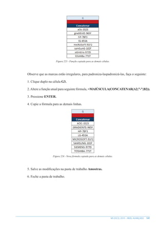 141
MS EXCEL 2010 – NÍVEL AVANÇADO
Figura 223 - Função copiada para as demais células.
Observe que as marcas estão irregulares, para padroniza-laspadronizá-las, faça o seguinte:
1. Clique duplo na célula G3.
2.Altere a função atual para seguinte fórmula, =MAIÚSCULA(CONCATENAR(A2;”-”;B2)).
3. Pressione ENTER.
4. Copie a fórmula para as demais linhas.
Figura 224 - Nova fórmula copiada para as demais células.
5. Salve as modificações na pasta de trabalho Amostras.
6. Feche a pasta de trabalho.
 