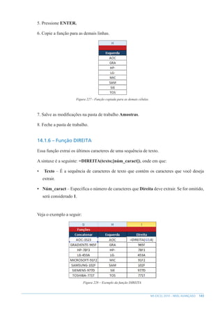 143
MS EXCEL 2010 – NÍVEL AVANÇADO
5. Pressione ENTER.
6. Copie a função para as demais linhas.
Figura 227 - Função copiada para as demais células.
7. Salve as modificações na pasta de trabalho Amostras.
8. Feche a pasta de trabalho.
14.1.6 – Função DIREITA
Essa função extrai os últimos caracteres de uma sequência de texto.
A sintaxe é a seguinte: =DIREITA(texto;[núm_caract]), onde em que:
• Texto – É a sequência de caracteres de texto que contém os caracteres que você deseja
extrair.
• Núm_caract – Específica o número de caracteres que Direita deve extrair. Se for omitido,
será considerado 1.
Veja o exemplo a seguir:
Figura 228 – Exemplo da função DIREITA.
 
