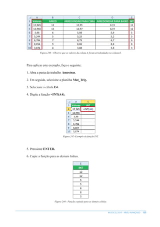 155
MS EXCEL 2010 – NÍVEL AVANÇADO
Figura 246 – Observe que os valores da coluna A foram arredondados na coluna E.
Para aplicar este exemplo, faça o seguinte:
1. Abra a pasta de trabalho Amostras.
2. Em seguida, selecione a planilha Mat_Trig.
3. Selecione a célula E4.
4. Digite a função =INT(A4).
Figura 247–Exemplo da função INT.
5. Pressione ENTER.
6. Copie a função para as demais linhas.
Figura 248 - Função copiada para as demais células.
 