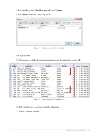 17
MS EXCEL 2010 – NÍVEL AVANÇADO
7. Em seguida, na lista Classificar em, selecione Valores.
8. Em Ordem, selecione a opção de A a Z.
Figura 13 – Definindo os critérios de classificação.
9. Clique em OK.
10. Observe que os dados foram organizados por meio dos valores do campo UF.
Figura 14 – Dados classificados na coluna E (UF).
11. Salve as alterações na pasta de trabalho Amostras.
12. Feche a pasta de trabalho.
 
