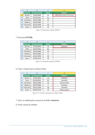 171
MS EXCEL 2010 – NÍVEL AVANÇADO
Figura 270–Aplicando a função PROCH.
5. Pressione ENTER.
Figura 271–Resultado da função PROCH.
6. Copie a função para as demais linhas.
Figura 272 - Função copiada para as demais linhas.
7. Salve as modificações na pasta de trabalho Amostras.
8. Feche a pasta de trabalho.
 