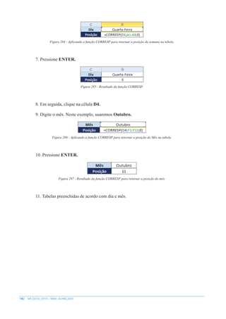 182 MS EXCEL 2010 – NÍVEL AVANÇADO
Figura 284 - Aplicando a função CORRESP para retornar a posição da semana na tabela.
7. Pressione ENTER.
Figura 285 - Resultado da função CORRESP.
8. Em seguida, clique na célula D4.
9. Digite o mês. Neste exemplo, usaremos Outubro.
Figura 286 - Aplicando a função CORRESP para retornar a posição do Mês na tabela.
10. Pressione ENTER.
Figura 287 - Resultado da função CORRESP para retornar a posição do mês.
11. Tabelas preenchidas de acordo com dia e mês.
 