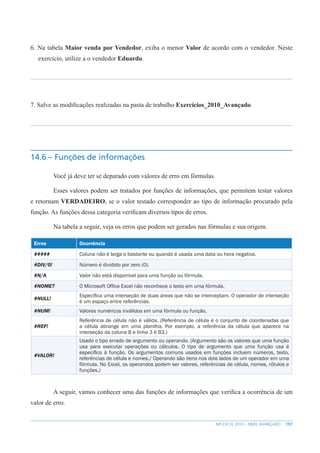 197
MS EXCEL 2010 – NÍVEL AVANÇADO
6. Na tabela Maior venda por Vendedor, exiba o menor Valor de acordo com o vendedor. Neste
exercício, utilize a o vendedor Eduardo.
7. Salve as modificações realizadas na pasta de trabalho Exercícios_2010_Avançado.
14.6 – Funções de informações
Você já deve ter se deparado com valores de erro em fórmulas.
Esses valores podem ser tratados por funções de informações, que permitem testar valores
e retornam VERDADEIRO, se o valor testado corresponder ao tipo de informação procurado pela
função. As funções dessa categoria verificam diversos tipos de erros.
Na tabela a seguir, veja os erros que podem ser gerados nas fórmulas e sua origem.
Erros Ocorrência
##### Coluna não é larga o bastante ou quando é usada uma data ou hora negativa.
#DIV/0! Número é dividido por zero (0).
#N/A Valor não está disponível para uma função ou fórmula.
#NOME? O Microsoft Office Excel não reconhece o texto em uma fórmula.
#NULL!
Específica uma interseção de duas áreas que não se interceptam. O operador de interseção
é um espaço entre referências.
#NUM! Valores numéricos inválidos em uma fórmula ou função.
#REF!
Referência de célula não é válida. (Referência de célula é o conjunto de coordenadas que
a célula abrange em uma planilha. Por exemplo, a referência da célula que aparece na
interseção da coluna B e linha 3 é B3.)
#VALOR!
Usado o tipo errado de argumento ou operando. (Argumento são os valores que uma função
usa para executar operações ou cálculos. O tipo de argumento que uma função usa é
específico à função. Os argumentos comuns usados em funções incluem números, texto,
referências de célula e nomes./ Operando são itens nos dois lados de um operador em uma
fórmula. No Excel, os operandos podem ser valores, referências de célula, nomes, rótulos e
funções.)
A seguir, vamos conhecer uma das funções de informações que verifica a ocorrência de um
valor de erro.
 