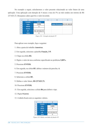 210 MS EXCEL 2010 – NÍVEL AVANÇADO
No exemplo a seguir, calcularemos o valor presente relacionado ao valor futuro de uma
aplicação. Uma aplicação com duração de 4 meses e taxa de 5% ao mês rendeu um retorno de R$
237.023,72. Desejamos saber qual foi o valor investido.
Figura 324 – Exemplo da função VP.
Para aplicar esse exemplo, faça o seguinte:
1. Abra a pasta de trabalho Amostras.
2. Em seguida, selecione a planilha Função_VP.
3. Clique na célula B2.
4. Digite o valor da taxa conforme específicado no problema 5,00%.
5. Pressione ENTER.
6. Em seguida, na célula B3, defina o número de parcelas, 4.
7. Pressione ENTER.
8. Selecione a célula B5.
9. Defina o valor futuro, R$ 237.023,72.
10. Pressione ENTER.
11. Em seguida, selecione a célula B6 para definir o tipo.
12. Digite 0 (zero)
13. A tabela ficará com os seguintes valores.
Figura 325–Tabela com dados da função VP.
 