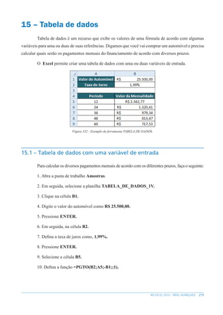 215
MS EXCEL 2010 – NÍVEL AVANÇADO
15 – Tabela de dados
Tabela de dados é um recurso que exibe os valores de uma fórmula de acordo com algumas
variáveis para uma ou duas de suas referências. Digamos que você vai comprar um automóvel e precisa
calcular quais serão os pagamentos mensais do financiamento de acordo com diversos prazos.
O Excel permite criar uma tabela de dados com uma ou duas variáveis de entrada.
Figura 332 - Exemplo da ferramenta TABELA DE DADOS.
15.1 – Tabela de dados com uma variável de entrada
Para calcular os diversos pagamentos mensais de acordo com os diferentes prazos, faça o seguinte:
1. Abra a pasta de trabalho Amostras.
2. Em seguida, selecione a planilha TABELA_DE_DADOS_1V.
3. Clique na célula B1.
4. Digite o valor do automóvel como R$ 25.500,00.
5. Pressione ENTER.
6. Em seguida, na célula B2.
7. Defina a taxa de juros como, 1,99%.
8. Pressione ENTER.
9. Selecione a célula B5.
10. Defina a função =PGTO(B2;A5;-B1;;1).
 