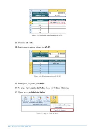 216 MS EXCEL 2010 – NÍVEL AVANÇADO
Figura 333 - Utilizando como base a função PGTO.
11. Pressione ENTER.
12. Em seguida, selecione o intervalo A5:B9.
Figura 334 - Selecionando o intervalo A5:B9.
13. Em seguida, clique na guia Dados.
14. No grupo Ferramentas de Dados, clique em Teste de Hipóteses.
15. Clique na opção Tabela de Dados.
Figura 335 - Opção Tabela de Dados.
 