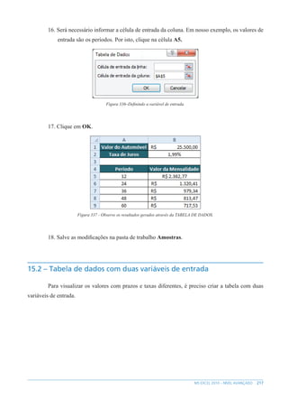 217
MS EXCEL 2010 – NÍVEL AVANÇADO
16. Será necessário informar a célula de entrada da coluna. Em nosso exemplo, os valores de
entrada são os períodos. Por isto, clique na célula A5.
Figura 336–Definindo a variável de entrada.
17. Clique em OK.
Figura 337 - Observe os resultados gerados através da TABELA DE DADOS.
18. Salve as modificações na pasta de trabalho Amostras.
15.2 – Tabela de dados com duas variáveis de entrada
Para visualizar os valores com prazos e taxas diferentes, é preciso criar a tabela com duas
variáveis de entrada.
 