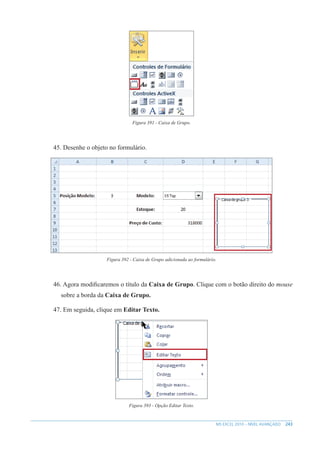 243
MS EXCEL 2010 – NÍVEL AVANÇADO
Figura 391 - Caixa de Grupo.
45. Desenhe o objeto no formulário.
Figura 392 - Caixa de Grupo adicionada ao formulário.
46. Agora modificaremos o título da Caixa de Grupo. Clique com o botão direito do mouse
sobre a borda da Caixa de Grupo.
47. Em seguida, clique em Editar Texto.
Figura 393 - Opção Editar Texto.
 