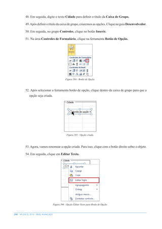 244 MS EXCEL 2010 – NÍVEL AVANÇADO
48. Em seguida, digite o texto Cidade para definir o título da Caixa de Grupo.
49.Após definir o título da caixa de grupo, criaremos as opções. Clique na guia Desenvolvedor.
50. Em seguida, no grupo Controles, clique no botão Inserir.
51. Na área Controles de Formulário, clique na ferramenta Botão de Opção.
Figura 394 - Botão de Opção.
52. Após selecionar a ferramenta botão de opção, clique dentro da caixa de grupo para que a
opção seja criada.
Figura 395 - Opção criada.
53. Agora, vamos renomear a opção criada. Para isso, clique com o botão direito sobre o objeto.
54. Em seguida, clique em Editar Texto.
Figura 396 - Opção Editar Texto para Botão de Opção.
 