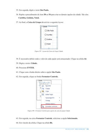 245
MS EXCEL 2010 – NÍVEL AVANÇADO
55. Em seguida, digite o texto São Paulo.
56. Repita o procedimento do item 50 ao 54 para criar as demais opções de cidade. São elas:
Curitiba, Goiânia, Natal.
57. Ao final, a Caixa de Grupo deverá ter o seguinte layout.
Figura 397 - Layout da Caixa de Grupo Cidade.
58. É necessário definir onde o valor de cada opção será armazenado. Clique na célula A6.
59. Digite o texto: Cidade.
60. Pressione ENTER.
61. Clique com o botão direito sobre a opção São Paulo.
62. Em seguida, clique no botão Formatar Controle.
Figura 398 - Formatar Controle para opções da caixa de grupo Cidade.
63. Em seguida, na caixa Formatar Controle, selecione a opção Selecionado.
64. Em vínculo da célula, Clique na célula B6.
 