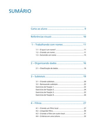 SUMÁRIO
Carta ao aluno........................................................ 9
Referências visuais................................................ 10
1 – Trabalhando com nomes............................... 11
1.1 – O que é um nome?...........................................................11
1.2 – Criando um nome.............................................................11
1.3 – Excluindo um nome..........................................................15
2 – Organizando dados........................................ 16
2.1 – Classificação de dados......................................................16
3 – Subtotais.......................................................... 19
3.1 – Criando subtotais..............................................................20
3.2 – Removendo subtotais.......................................................22
Exercícios de fixação 1...............................................................23
Exercícios de fixação 2...............................................................24
Exercícios de fixação 3...............................................................25
Exercícios de fixação 4...............................................................26
4 – Filtros............................................................... 27
4.1 – Criando um filtro local.....................................................27
4.2 – Limpando filtro.................................................................30
4.3 – Criando o filtro em outro local........................................31
4.4 – Critérios em uma coluna..................................................33
 