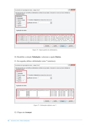 54 MS EXCEL 2010 – NÍVEL AVANÇADO
Figura 74 - Opção padrão dos delimitadores.
10. Desabilite a seleção Tabulação e selecione a opção Outros.
11. Em seguida, defina o delimitador como * (asterisco).
Figura 75 - Delimitador definido como *.
12. Clique em Avançar.
 