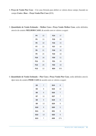 87
MS EXCEL 2010 – NÍVEL AVANÇADO
4. Preço de Venda Pior Caso – Crie uma fórmula para definir os valores desse campo, baseado no
campo Custo e Base – Preço Venda Pior Caso (B26).
5. Quantidade de Venda Estimada – Melhor Caso e Preço Venda Melhor Caso, serão definidos
através do cenário MELHOR CASO, de acordo com os valores a seguir:
F4 15 F14 17
F5 13 F15 28
F6 18 F16 15
F7 22 F17 14
F8 21 F18 16
F9 24 F19 18
F10 18 F20 11
F11 23 F21 19
F12 26 F22 18
F13 13 B24 35%
6. Quantidade de Venda Estimada – Pior Caso e Preço Venda Pior Caso, serão definidos através
dpor meio do cenário PIOR CASO de acordo com os valores a seguir:
G4 7 G14 8
G5 8 G15 14
G6 9 G16 7
G7 11 G17 7
G8 9 G18 8
G9 12 G19 9
G10 9 G20 5
G11 11 G21 8
G12 13 G22 9
G13 7 G26 27%
 