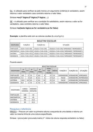 37
Ou - é utilizado para verificar se pelo menos um argumento (critérios) é verdadeiro, assim
retorna o valor verdadeiro caso contrário retorna o valor falso.
Sintaxe:=ou(1ª lógica;2ª lógica;3ª lógica; ...)
SE – é utilizado para verificar se a condição foi satisfatória, assim retorna o valor se for
verdadeiro, caso contrário retorna o valor falso.
Sintaxe:=se(teste lógico;se for verdadeiro;se for falso)
Exemplo: a planilha está com as colunas ocultas (b,c,d,e,f,g,h,i).
BOLETIM ESCOLAR
DISCIPLINAS FUNÇÃO E FUNÇÃO OU SITUAÇÃO
PORTUGUÊS =E(I3>=7;H3<=D9) =OU(I3>=7;H3<=D9) =SE(E(I3>=7;H3<=D9);"APROVADO";"REPROVADO")
MATEMÁTICA =E(I4>=7;H4<=D10) =OU(I4>=7;H4<=D10) =SE(E(I4>=7;H4<=D10);"APROVADO";"REPROVADO")
HISTÓRIA =E(I5>=7;H5<=D11) =OU(I5>=7;H5<=D11) =SE(E(I5>=7;H5<=D11);"APROVADO";"REPROVADO")
GEOGRAFIA =E(I6>=7;H6<=D12) =OU(I6>=7;H6<=D12) =SE(E(I6>=7;H6<=D12);"APROVADO";"REPROVADO")
olavotneves@gmail.com
Ficando assim:
BOLETIM ESCOLAR
DISCIPLINAS
1º
TRIM
FLT
2º
TRIM
FLT
3º
TRIM
FLT
TOTAL
DAS
FALTAS
MÉDIA FUNÇÃO E FUNÇÃO OU SITUAÇÃO
PORTUGUÊS 8,0 2 7,0 7 6,0 8 17 7,0 VERDADEIRO VERDADEIRO APROVADO
MATEMÁTICA 7,5 3 6,0 8 5,5 6 17 6,3 FALSO VERDADEIRO REPROVADO
HISTÓRIA 10,0 10 9,0 5 9,0 10 25 9,3 FALSO VERDADEIRO REPROVADO
GEOGRAFIA 8,0 1 7,0 6 7,0 4 11 7,3 VERDADEIRO VERDADEIRO APROVADO
DISCIPLINAS
CARGA
HORÁRIA
MÁXIMO
DEFALTAS
PORTUGUÊS 180 45
MATEMÁTICA 180 45
HISTÓRIA 90 22,5
GEOGRAFIA 90 22,5
Pesquisa e referência
PROCV – Procura um valor na primeira coluna a esquerda de uma tabela e retorna um
valor na mesma linha de uma coluna especificada.
Sintaxe: =procv(valor procurado;matriz;nº índice da coluna resposta;verdadeiro ou falso)
 