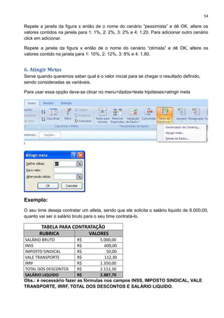 54
Repete a janela da figura x então de o nome do cenário “pessimista” e dê OK, altere os
valores contidos na janela para 1: 1%, 2: 2%, 3: 2% e 4: 1,20. Para adicionar outro cenário
click em adicionar.
Repete a janela da figura x então de o nome do cenário “otimista” e dê OK, altere os
valores contido na janela para 1: 10%, 2: 12%, 3: 8% e 4: 1,80.
6. Atingir Metas
Serve quando queremos saber qual é o valor inicial para se chegar o resultado definido,
sendo consideradas as variáveis.
Para usar essa opção deve-se clicar no menu>dados>teste hipóteses>atingir meta
Exemplo:
O seu time deseja contratar um atleta, sendo que ele solicita o salário liquido de 8.000,00,
quanto vai ser o salário bruto para o seu time contratá-lo.
TABELA PARA CONTRATAÇÃO
RUBRICA VALORES
SALÁRIO BRUTO R$ 5.000,00
INSS R$ 600,00
IMPOSTO SINDICAL R$ 50,00
VALE TRANSPORTE R$ 112,30
IRRF R$ 1.350,00
TOTAL DOS DESCONTOS R$ 2.112,30
SALÁRIO LIQUIDO R$ 2.887,70
Obs.: é necessário fazer as fórmulas nos campos INSS, IMPOSTO SINDICAL, VALE
TRANSPORTE, IRRF, TOTAL DOS DESCONTOS E SALÁRIO LIQUIDO.
 