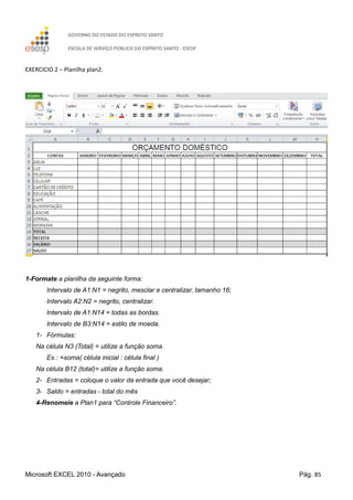 GOVERNO DO ESTADO DO ESPÍRITO SANTO
ESCOLA DE SERVIÇO PÚBLICO DO ESPÍRITO SANTO - ESESP
Microsoft EXCEL 2010 - Avançado Pág. 85
EXERCICIO 2 – Planilha plan2.
1-Formate a planilha da seguinte forma:
Intervalo de A1:N1 = negrito, mesclar e centralizar, tamanho 16;
Intervalo A2:N2 = negrito, centralizar.
Intervalo de A1:N14 = todas as bordas.
Intervalo de B3:N14 = estilo de moeda.
1- Fórmulas:
Na célula N3 (Total) = utilize a função soma.
Ex.: =soma( célula inicial : célula final )
Na célula B12 (total)= utilize a função soma.
2- Entradas = coloque o valor da entrada que você desejar;
3- Saldo = entradas - total do mês
4-Renomeie a Plan1 para “Controle Financeiro”.
 