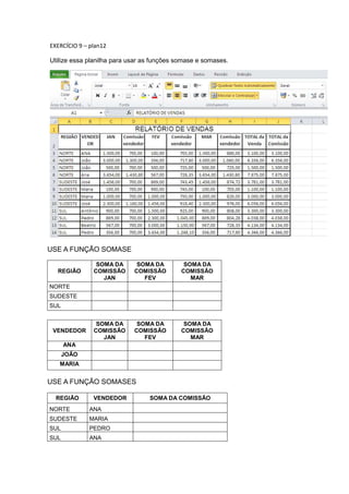 EXERCÍCIO 9 – plan12
Utilize essa planilha para usar as funções somase e somases.
USE A FUNÇÃO SOMASE
REGIÃO
SOMA DA
COMISSÃO
JAN
SOMA DA
COMISSÃO
FEV
SOMA DA
COMISSÃO
MAR
NORTE
SUDESTE
SUL
VENDEDOR
SOMA DA
COMISSÃO
JAN
SOMA DA
COMISSÃO
FEV
SOMA DA
COMISSÃO
MAR
ANA
JOÃO
MARIA
USE A FUNÇÃO SOMASES
REGIÃO VENDEDOR SOMA DA COMISSÃO
NORTE ANA
SUDESTE MARIA
SUL PEDRO
SUL ANA
 
