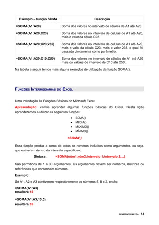 Exemplo – função SOMA Descrição
=SOMA(A1:A20) Soma dos valores no intervalo de células de A1 até A20.
=SOMA(A1:A20;C23) Soma dos valores no intervalo de células de A1 até A20,
mais o valor da célula C23.
=SOMA(A1:A20;C23;235) Soma dos valores no intervalo de células de A1 até A20,
mais o valor da célula C23, mais o valor 235, o qual foi
passado diretamente como parâmetro.
=SOMA(A1:A20;C10:C50) Soma dos valores no intervalo de células de A1 até A20
mais os valores do intervalo de C10 até C50.
Na tabela a seguir temos mais alguns exemplos de utilização da função SOMA().
FUNÇÕES INTERMEDIÁRIAS DO EXCEL
Uma Introdução às Funções Básicas do Microsoft Excel
Apresentação: vamos aprender algumas funções básicas do Excel. Nesta lição
aprenderemos a utilizar as seguintes funções:
• SOMA()
• MÉDIA()
• MÁXIMO()
• MÍNIMO()
=SOMA( )
Essa função produz a soma de todos os números incluídos como argumentos, ou seja,
que estiverem dentro do intervalo especificado.
Sintaxe: =SOMA(núm1;núm2;intervalo 1;intervalo 2;...)
São permitidos de 1 a 30 argumentos. Os argumentos devem ser números, matrizes ou
referências que contenham números.
Exemplo:
Se A1, A2 e A3 contiverem respectivamente os números 5, 8 e 2, então:
=SOMA(A1:A3)
resultará 15
=SOMA(A1:A3;15;5)
resultará 35
SENAC/INFORMÁTICA 13
 