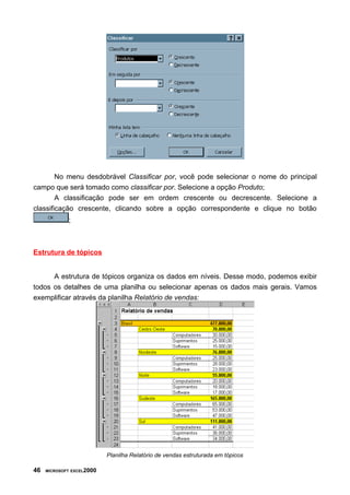 No menu desdobrável Classificar por, você pode selecionar o nome do principal
campo que será tomado como classificar por. Selecione a opção Produto;
A classificação pode ser em ordem crescente ou decrescente. Selecione a
classificação crescente, clicando sobre a opção correspondente e clique no botão
;
Estrutura de tópicos
A estrutura de tópicos organiza os dados em níveis. Desse modo, podemos exibir
todos os detalhes de uma planilha ou selecionar apenas os dados mais gerais. Vamos
exemplificar através da planilha Relatório de vendas:
Planilha Relatório de vendas estruturada em tópicos
46 MICROSOFT EXCEL2000
 