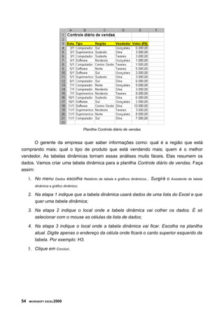 Planilha Controle diário de vendas
O gerente da empresa quer saber informações como: qual é a região que está
comprando mais; qual o tipo de produto que está vendendo mais; quem é o melhor
vendedor. As tabelas dinâmicas tornam essas análises muito fáceis. Elas resumem os
dados. Vamos criar uma tabela dinâmica para a planilha Controle diário de vendas. Faça
assim:
1. No menu Dados escolha Relatório de tabela e gráficos dinâmicos... Surgirá o Assistente de tabela
dinâmica e gráfico dinâmico;
2. Na etapa 1 indique que a tabela dinâmica usará dados de uma lista do Excel e que
quer uma tabela dinâmica;
3. Na etapa 2 indique o local onde a tabela dinâmica vai colher os dados. É só
selecionar com o mouse as células da lista de dados;
4. Na etapa 3 indique o local onde a tabela dinâmica vai ficar. Escolha na planilha
atual. Digite apenas o endereço da célula onde ficará o canto superior esquerdo da
tabela. Por exemplo: H3.
5. Clique em Concluir.
54 MICROSOFT EXCEL2000
 