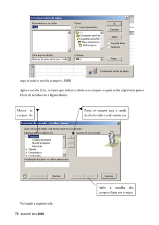 Aqui o usuário escolhe a arquivo .MDB
Após a escolha feita , teremos que indicar a tabela o os campos os quais serão importados para o
Excel de acordo com a figura abaixo:
Vai surgir a seguinte tela:
70 MICROSOFT EXCEL2000
Mostra os
campos da
tabela
Passa os campos para a janela
da direita informando assim que
ele será importado
Após a escolha dos
campos clique em avançar
 