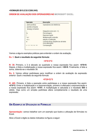 =SOMA(B5:B15;C32:C200;X45)
ORDEM DE AVALIAÇÃO DOS OPERADORES NO MICROSOFT EXCEL:
Vamos a alguns exemplos práticos para entender a ordem de avaliação.
Ex. 1. Qual o resultado da seguinte fórmula:
=5*6+3^2
R: 39. Primeiro, o 3 é elevado ao quadrado e nossa expressão fica assim: =5*6+9.
Depois, é feita a multiplicação e nossa expressão fica assim: =30+9. Finalmente, é feita a
soma, obtendo-se o resultado 39.
Ex. 2. Vamos utilizar parênteses para modificar a ordem de avaliação da expressão
anterior. Qual o resultado da seguinte fórmula:
=5*(6+3)^2
R: 405. Primeiro, é feita a operação entre parênteses e a nossa expressão fica assim:
=5*9^2. Entre a multiplicação e a exponenciação, primeiro é efetuada a exponenciação e
a nossa expressão fica assim: =5*81. A multiplicação é calculada e o resultado 405 é
obtido. Veja como um simples parêntese altera completamente o resultado de uma
expressão.
UM EXEMPLO DE UTILIZAÇÃO DE FÓRMULAS
Apresentação: vamos trabalhar com um exemplo que ilustra a utilização de fórmulas no
Excel.
Abra o Excel e digite os dados indicados na figura a seguir:
SENAC/INFORMÁTICA 9
 