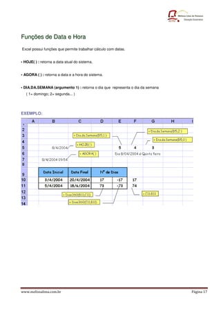 www.melissalima.com.br Página 17
F
Fu
un
nç
çõ
õe
es
s d
de
e D
Da
at
ta
a e
e H
Ho
or
ra
a
Excel possui funções que permite trabalhar cálculo com datas.
• HOJE( ) : retorna a data atual do sistema.
• AGORA ( ) : retorna a data e a hora do sistema.
• DIA.DA.SEMANA (argumento 1) : retorna o dia que representa o dia da semana
( 1= domingo; 2= segunda... )
EXEMPLO:
 
