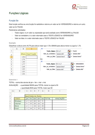 www.melissalima.com.br Página 22
F
Fu
un
nç
çõ
õe
es
s L
Ló
óg
gi
ic
ca
as
s
Função Se
Esta função verifica se uma função foi satisfeita e retorna um valor se for VERDADEIRO e retorna um outro
valor se for FALSO.
Parâmetros solicitados:
- Teste Lógico: é um valor ou expressão que será avaliada como VERDADEIRO ou FALSO
- Valor se verdadeiro: é o valor retornado caso o TESTE LÓGICO for VERDADEIRO
- Valor se falso: é o valor retornado caso o TESTE LÓGICO for FALSO
Exemplo
Classificar a altura como ALTA para altura maior que 1,70 e BAIXA para altura menor ou igual a 1,70.
OU
Exercício 1
TOTAL = soma dos alunos de jan + fev + mar + mai
AVALIAÇÃO = quantidade BAIXA para TOTAL menor ou igual a 50
= quantidade BOA para TOTAL maior que 50
 