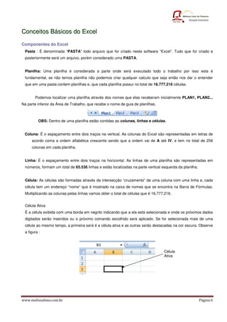 www.melissalima.com.br Página 6
C
Co
on
nc
ce
ei
it
to
os
s B
Bá
ás
si
ic
co
os
s d
do
o E
Ex
xc
ce
el
l
Componentes do Excel
Pasta : É denominada “PASTA” todo arquivo que for criado neste software “Excel”. Tudo que for criado e
posteriormente será um arquivo, porém considerado uma PASTA.
Planilha: Uma planilha é considerada a parte onde será executado todo o trabalho por isso esta é
fundamental, se não temos planilha não podemos criar qualquer calculo que seja então nos dar o entender
que em uma pasta contem planilhas e, que cada planilha possui no total de 16.777.216 células.
Podemos localizar uma planilha através dos nomes que elas receberam inicialmente PLAN1, PLAN2...
Na parte inferior da Área de Trabalho, que recebe o nome de guia de planilhas.
OBS: Dentro de uma planilha estão contidas as colunas, linhas e células.
Coluna: É o espaçamento entre dois traços na vertical. As colunas do Excel são representadas em letras de
acordo coma a ordem alfabética crescente sendo que a ordem vai de A até IV, e tem no total de 256
colunas em cada planilha.
Linha: É o espaçamento entre dois traços na horizontal. As linhas de uma planilha são representadas em
números, formam um total de 65.536 linhas e estão localizadas na parte vertical esquerda da planilha.
Célula: As células são formadas através da intersecção “cruzamento” de uma coluna com uma linha e, cada
célula tem um endereço “nome” que é mostrado na caixa de nomes que se encontra na Barra de Fórmulas.
Multiplicando as colunas pelas linhas vamos obter o total de células que é 16.777.216.
Célula Ativa
É a célula exibida com uma borda em negrito indicando que a ela está selecionada e onde os próximos dados
digitados serão inseridos ou o próximo comando escolhido será aplicado. Se for selecionada mais de uma
célula ao mesmo tempo, a primeira será é a célula ativa e as outras serão destacadas na cor escura. Observe
a figura :
Célula
Ativa
 