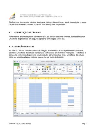 GOVERNO DO ESTADO DO ESPÍRITO SANTO
ESCOLA DE SERVIÇO PÚBLICO DO ESPÍRITO SANTO - ESESP
Microsoft EXCEL 2010 - Básico Pág. 14
Ela funciona de maneira idêntica à caixa de diálogo Salvar Como. Você deve digitar o nome
da planilha ou selecionar seu nome na lista de arquivos disponíveis.
1.7. FORMATAÇÃO DE CÉLULAS
Para efetuar a formatação de células no EXCEL 2010 é bastante simples, basta selecionar
uma faixa da planilha e em seguida aplicar a formatação sobre ela.
1.7.1. SELEÇÃO DE FAIXAS
No EXCEL 2010 a unidade básica de seleção é uma célula, e você pode selecionar uma
célula ou uma faixa de células horizontais, verticais ou em forma de retângulo. Toda faixa é
composta e identificada por uma célula inicial e por uma célula final. Uma faixa de células
pode ser selecionada por meio do mouse ou por meio do teclado.
 