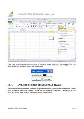 GOVERNO DO ESTADO DO ESPÍRITO SANTO
ESCOLA DE SERVIÇO PÚBLICO DO ESPÍRITO SANTO - ESESP
Microsoft EXCEL 2010 - Básico Pág. 20
Com uma ou mais linhas selecionadas, o comando exibe uma caixa de diálogo onde você
deve informar a altura da coluna em centímetros.
1.7.10. APAGANDO O CONTEÚDO DE UMA OU MAIS CÉLULAS
Se você cometeu algum erro e deseja apagar totalmente o conteúdo de uma célula, a forma
mais simples é posicionar o seletor sobre ela e pressionar a tecla DEL. Para apagar uma
faixa de células, selecione as células da faixa e pressione DEL.
 