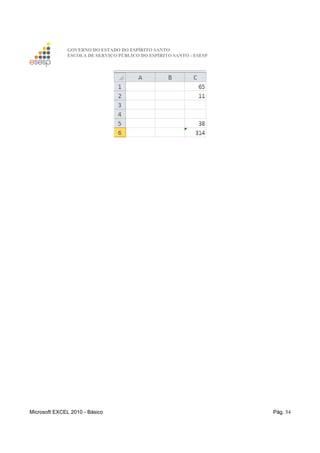 GOVERNO DO ESTADO DO ESPÍRITO SANTO
ESCOLA DE SERVIÇO PÚBLICO DO ESPÍRITO SANTO - ESESP
Microsoft EXCEL 2010 - Básico Pág. 54
 