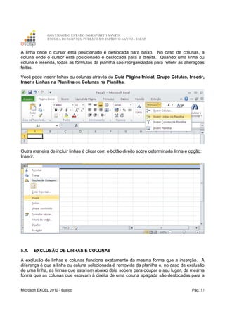 GOVERNO DO ESTADO DO ESPÍRITO SANTO
ESCOLA DE SERVIÇO PÚBLICO DO ESPÍRITO SANTO - ESESP
Microsoft EXCEL 2010 - Básico Pág. 57
A linha onde o cursor está posicionado é deslocada para baixo. No caso de colunas, a
coluna onde o cursor está posicionado é deslocada para a direita. Quando uma linha ou
coluna é inserida, todas as fórmulas da planilha são reorganizadas para refletir as alterações
feitas.
Você pode inserir linhas ou colunas através da Guia Página Inicial, Grupo Células, Inserir,
Inserir Linhas na Planilha ou Colunas na Planilha.
Outra maneira de incluir linhas é clicar com o botão direito sobre determinada linha e opção:
Inserir.
5.4. EXCLUSÃO DE LINHAS E COLUNAS
A exclusão de linhas e colunas funciona exatamente da mesma forma que a inserção. A
diferença é que a linha ou coluna selecionada é removida da planilha e, no caso de exclusão
de uma linha, as linhas que estavam abaixo dela sobem para ocupar o seu lugar, da mesma
forma que as colunas que estavam à direita de uma coluna apagada são deslocadas para a
 