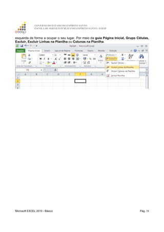 GOVERNO DO ESTADO DO ESPÍRITO SANTO
ESCOLA DE SERVIÇO PÚBLICO DO ESPÍRITO SANTO - ESESP
Microsoft EXCEL 2010 - Básico Pág. 58
esquerda de forma a ocupar o seu lugar. Por meio da guia Página Inicial, Grupo Células,
Excluir, Excluir Linhas na Planilha ou Colunas na Planilha.
 