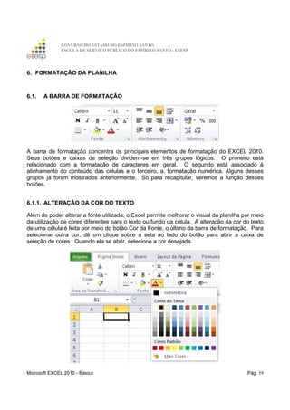 GOVERNO DO ESTADO DO ESPÍRITO SANTO
ESCOLA DE SERVIÇO PÚBLICO DO ESPÍRITO SANTO - ESESP
Microsoft EXCEL 2010 - Básico Pág. 59
6. FORMATAÇÃO DA PLANILHA
6.1. A BARRA DE FORMATAÇÃO
A barra de formatação concentra os principais elementos de formatação do EXCEL 2010.
Seus botões e caixas de seleção dividem-se em três grupos lógicos. O primeiro está
relacionado com a formatação de caracteres em geral. O segundo está associado à
alinhamento do conteúdo das células e o terceiro, a. formatação numérica. Alguns desses
grupos já foram mostrados anteriormente. Só para recapitular, veremos a função desses
botões.
6.1.1. ALTERAÇÃO DA COR DO TEXTO
Além de poder alterar a fonte utilizada, o Excel permite melhorar o visual da planilha por meio
da utilização de cores diferentes para o texto ou fundo da célula. A alteração da cor do texto
de uma célula é feita por meio do botão Cor da Fonte, o último da barra de formatação. Para
selecionar outra cor, dê um clique sobre a seta ao lado do botão para abrir a caixa de
seleção de cores. Quando ela se abrir, selecione a cor desejada.
 