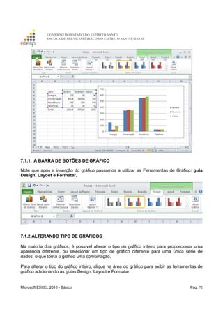 GOVERNO DO ESTADO DO ESPÍRITO SANTO
ESCOLA DE SERVIÇO PÚBLICO DO ESPÍRITO SANTO - ESESP
Microsoft EXCEL 2010 - Básico Pág. 72
7.1.1. A BARRA DE BOTÕES DE GRÁFICO
Note que após a inserção do gráfico passamos a utilizar as Ferramentas de Gráfico: guia
Design, Layout e Formatar.
7.1.2 ALTERANDO TIPO DE GRÁFICOS
Na maioria dos gráficos, é possível alterar o tipo do gráfico inteiro para proporcionar uma
aparência diferente, ou selecionar um tipo de gráfico diferente para uma única série de
dados, o que torna o gráfico uma combinação.
Para alterar o tipo do gráfico inteiro, clique na área do gráfico para exibir as ferramentas de
gráfico adicionando as guias Design, Layout e Formatar.
 
