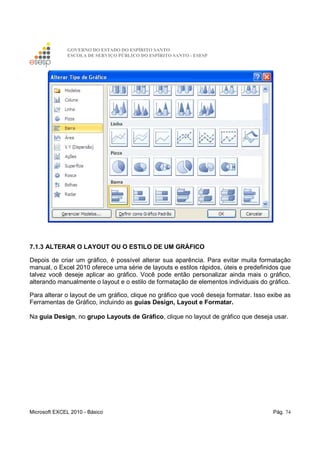 GOVERNO DO ESTADO DO ESPÍRITO SANTO
ESCOLA DE SERVIÇO PÚBLICO DO ESPÍRITO SANTO - ESESP
Microsoft EXCEL 2010 - Básico Pág. 74
7.1.3 ALTERAR O LAYOUT OU O ESTILO DE UM GRÁFICO
Depois de criar um gráfico, é possível alterar sua aparência. Para evitar muita formatação
manual, o Excel 2010 oferece uma série de layouts e estilos rápidos, úteis e predefinidos que
talvez você deseje aplicar ao gráfico. Você pode então personalizar ainda mais o gráfico,
alterando manualmente o layout e o estilo de formatação de elementos individuais do gráfico.
Para alterar o layout de um gráfico, clique no gráfico que você deseja formatar. Isso exibe as
Ferramentas de Gráfico, incluindo as guias Design, Layout e Formatar.
Na guia Design, no grupo Layouts de Gráfico, clique no layout de gráfico que deseja usar.
 