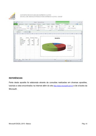 GOVERNO DO ESTADO DO ESPÍRITO SANTO
ESCOLA DE SERVIÇO PÚBLICO DO ESPÍRITO SANTO - ESESP
Microsoft EXCEL 2010 - Básico Pág. 80
REFERÊNCIAS
Parte desta apostila foi elaborada através de consultas realizadas em diversas apostilas,
tutoriais e sites encontrados na internet além do site http://www.microsoft.com.br e de e-books da
Microsoft.
 