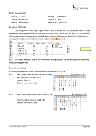 Sinais Operacionais
   Sinal de + = Adição                                   Sinal de * = Multiplicação
   Sinal de – = Subtração                                Sinal de / = Divisão
   Sinal de ^ = Potenciação                              Sinal de % = Porcentagem


Copiando Fórmulas
        Calcular o primeiro item e depois copiar a fórmula para os demais. Para isto, posicione o cursor no canto
inferior direito (alça de preenchimento) da célula a ser copiada, neste caso a célula F2, que o cursor ficará como
o formato apresentado na figura acima, e arrastá-la para baixo até a última célula da nota final do último aluno.




DICA : Em vez de arrastar a alça de preenchimento, dê clique duplo, o Excel irá preencher as demais
linhas automaticamente.

Intervalo de Células
Ao definir um intervalo de células, é importante verificar a diferença de usar ; e :
B2:E4      Indica que esta buscando valores (selecionando
           valores) no intervalo de B2 até E4 .
           Inclusive B2 e E4.
           Observe o exemplo ao lado




B2;E4      Indica que esta buscando os valores de B2 e E4
           .
           Não incluindo os valores entre B2 e E4
           Observe o exemplo ao lado




www.melissalima.com.br                                                                                   Página 12
 
