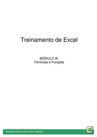 Treinamento de Excel e Power Point – Módulo III 1
Apostila desenvolvida por Leonardo Henrique Musso – fev/08
Treinamento de Excel
MÓDULO III:
Fórmulas e Funções
 