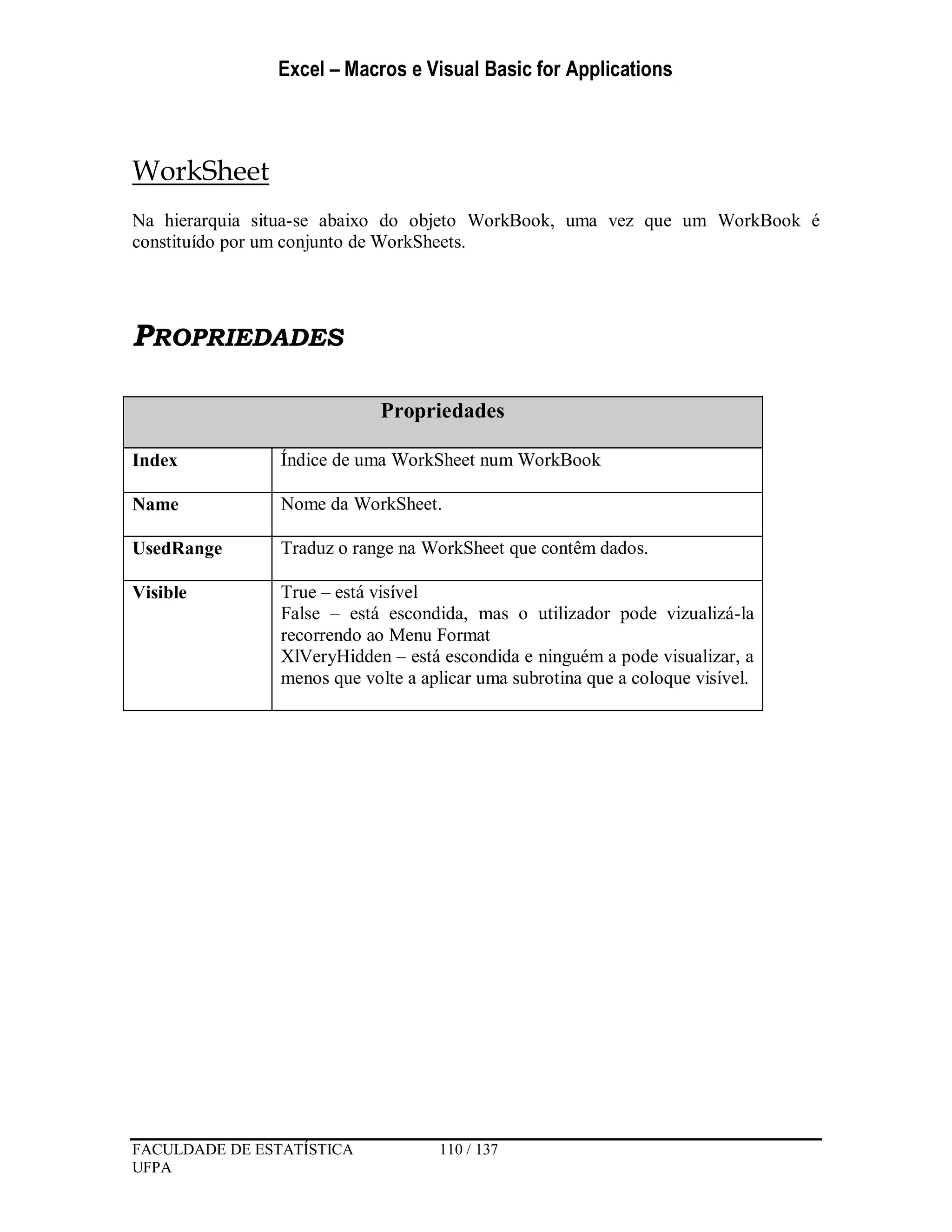 Excel – Macros e Visual Basic for Applications
FACULDADE DE ESTATÍSTICA 110 / 137
UFPA
WorkSheet
Na hierarquia situa-se abaixo do objeto WorkBook, uma vez que um WorkBook é
constituído por um conjunto de WorkSheets.
PROPRIEDADES
Propriedades
Index Índice de uma WorkSheet num WorkBook
Name Nome da WorkSheet.
UsedRange Traduz o range na WorkSheet que contêm dados.
Visible True – está visível
False – está escondida, mas o utilizador pode vizualizá-la
recorrendo ao Menu Format
XlVeryHidden – está escondida e ninguém a pode visualizar, a
menos que volte a aplicar uma subrotina que a coloque visível.
 