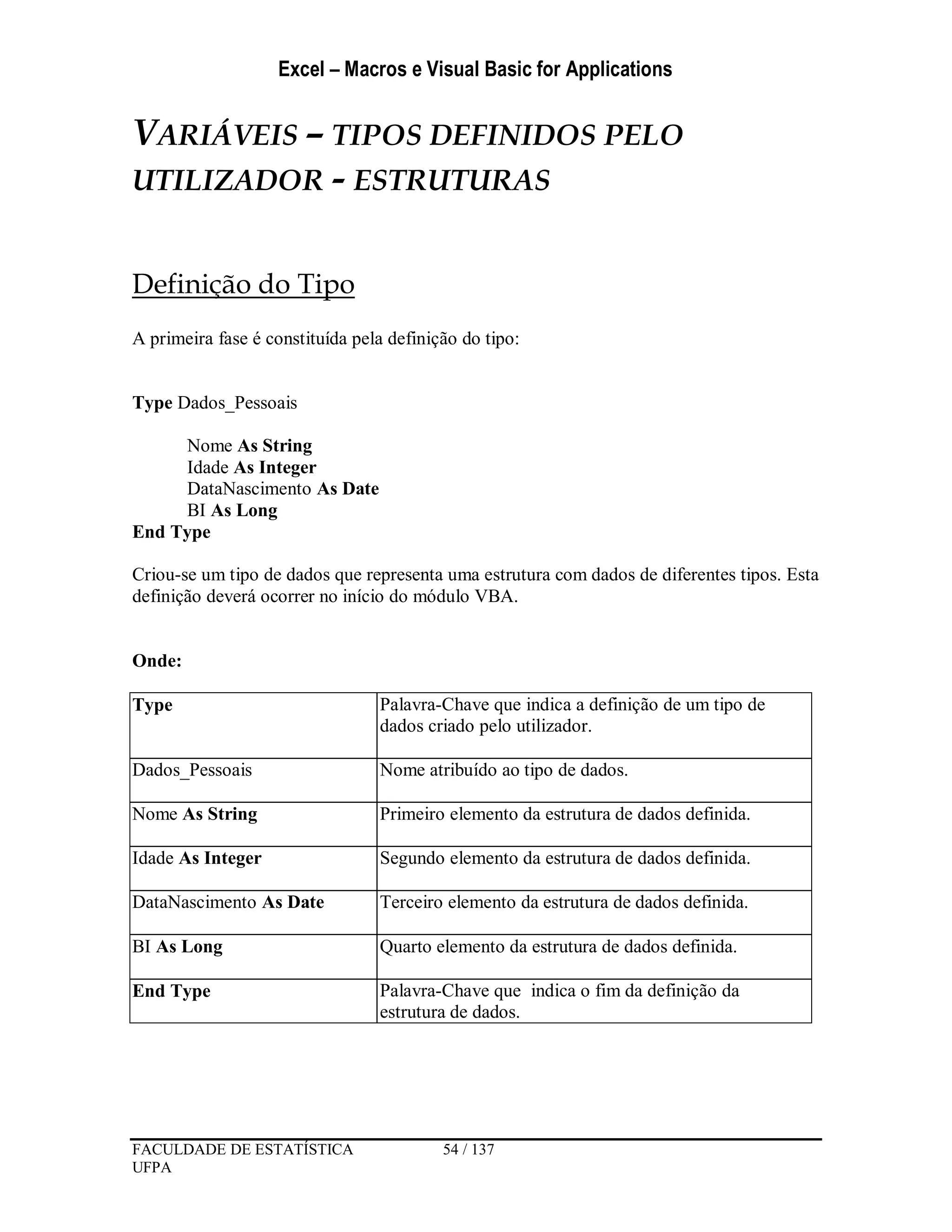 Excel – Macros e Visual Basic for Applications
FACULDADE DE ESTATÍSTICA 54 / 137
UFPA
VARIÁVEIS – TIPOS DEFINIDOS PELO
UTILIZADOR - ESTRUTURAS
Definição do Tipo
A primeira fase é constituída pela definição do tipo:
Type Dados_Pessoais
Nome As String
Idade As Integer
DataNascimento As Date
BI As Long
End Type
Criou-se um tipo de dados que representa uma estrutura com dados de diferentes tipos. Esta
definição deverá ocorrer no início do módulo VBA.
Onde:
Type Palavra-Chave que indica a definição de um tipo de
dados criado pelo utilizador.
Dados_Pessoais Nome atribuído ao tipo de dados.
Nome As String Primeiro elemento da estrutura de dados definida.
Idade As Integer Segundo elemento da estrutura de dados definida.
DataNascimento As Date Terceiro elemento da estrutura de dados definida.
BI As Long Quarto elemento da estrutura de dados definida.
End Type Palavra-Chave que indica o fim da definição da
estrutura de dados.
 