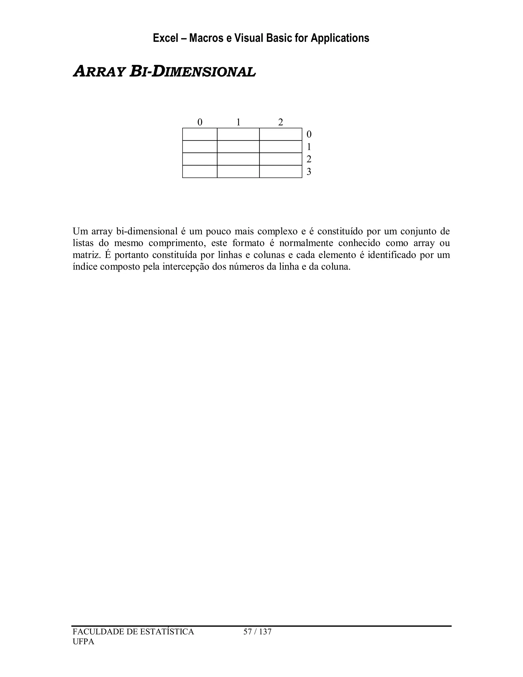 Excel – Macros e Visual Basic for Applications
FACULDADE DE ESTATÍSTICA 57 / 137
UFPA
ARRAY BI-DIMENSIONAL
0 1 2
0
1
2
3
Um array bi-dimensional é um pouco mais complexo e é constituído por um conjunto de
listas do mesmo comprimento, este formato é normalmente conhecido como array ou
matriz. É portanto constituída por linhas e colunas e cada elemento é identificado por um
índice composto pela intercepção dos números da linha e da coluna.
 