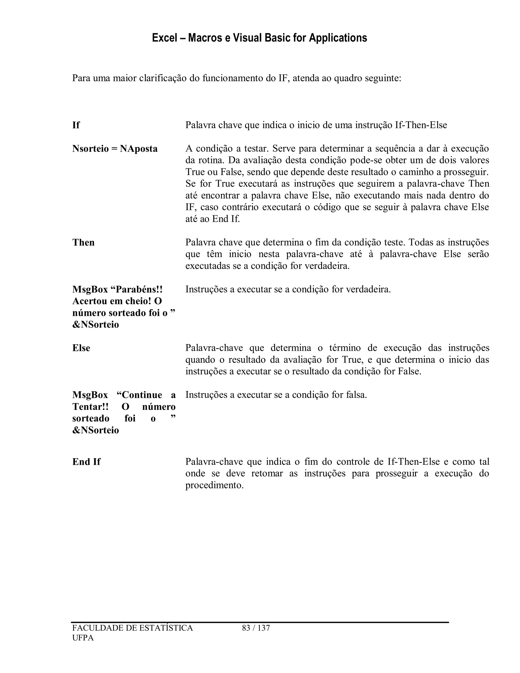 Excel – Macros e Visual Basic for Applications
FACULDADE DE ESTATÍSTICA 83 / 137
UFPA
Para uma maior clarificação do funcionamento do IF, atenda ao quadro seguinte:
If Palavra chave que indica o inicio de uma instrução If-Then-Else
Nsorteio = NAposta A condição a testar. Serve para determinar a sequência a dar à execução
da rotina. Da avaliação desta condição pode-se obter um de dois valores
True ou False, sendo que depende deste resultado o caminho a prosseguir.
Se for True executará as instruções que seguirem a palavra-chave Then
até encontrar a palavra chave Else, não executando mais nada dentro do
IF, caso contrário executará o código que se seguir à palavra chave Else
até ao End If.
Then Palavra chave que determina o fim da condição teste. Todas as instruções
que têm inicio nesta palavra-chave até à palavra-chave Else serão
executadas se a condição for verdadeira.
MsgBox “Parabéns!!
Acertou em cheio! O
número sorteado foi o ”
&NSorteio
Instruções a executar se a condição for verdadeira.
Else Palavra-chave que determina o término de execução das instruções
quando o resultado da avaliação for True, e que determina o inicio das
instruções a executar se o resultado da condição for False.
MsgBox “Continue a
Tentar!! O número
sorteado foi o ”
&NSorteio
Instruções a executar se a condição for falsa.
End If Palavra-chave que indica o fim do controle de If-Then-Else e como tal
onde se deve retomar as instruções para prosseguir a execução do
procedimento.
 