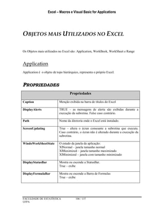 Excel – Macros e Visual Basic for Applications
FACULDADE DE ESTATÍSTICA 106 / 137
UFPA
OBJETOS MAIS UTILIZADOS NO EXCEL
Os Objetos mais utilizados no Excel são: Application, WorkBook, WorkSheet e Range
Application
Application é o objeto de topo hierárquico, representa o próprio Excel.
PROPRIEDADES
Propriedades
Caption Menção exibida na barra de títulos do Excel
DisplayAlerts TRUE – as mensagens de alerta são exibidas durante a
execução da subrotina. False caso contrário.
Path Nome da diretoria onde o Excel está instalado.
ScreenUpdating True – altera o écran consoante a subrotina que executa.
Caso contrário, o écran não é alterado durante a execução da
subrotina.
WindoWorkSheetState O estado da janela da aplicação:
XlNormal – janela tamanho normal
XlMaximized – janela tamanho maximizado
XlMinimized – janela com tamanho minimizado
DisplayStatusBar Mostra ou esconde a StatusBar.
True – exibe
DisplayFormulaBar Mostra ou esconde a Barra de Formulas
True – exibe
 