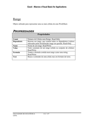 Excel – Macros e Visual Basic for Applications
FACULDADE DE ESTATÍSTICA 112 / 137
UFPA
Range
Objeto utilizado para representar uma ou mais células de uma WorkSheet.
PROPRIEDADES
Propriedades
Count Número de Células num Range. Read-Only
Dependents Retorna um range, que contém todos os dependentes (valores
indexados pelas fórmulas)do range em questão. Read-Only
Name Nome de um range. Read/Write
Value Valor constante de um range (célula ou conjunto de células).
Read/Write
Formula Traduz a fórmula contida num range como uma string.
Read/Write
Text Busca o conteúdo de uma célula mas em formato de texto.
 
