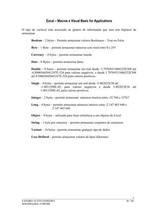 Excel – Macros e Visual Basic for Applications
______________________________________________________________________________________L
EANDRO ALVES FERREIRA 46 / 60
WROMS@BOL.COM.BR
O tipo de variável está associado ao género de informação que esta tem hipótese de
armazenar
Boolean – 2 bytes – Permite armazenar valores Boolenaos – True ou False
Byte – 1 Byte – permite armazenar números sem sinal entre 0 e 255
Currency - 8 bytes – permite armazenar moeda
Date – 8 Bytes – permite armazenar datas
Double – 8 bytes – permite armazenar um real desde -1.79769313486232E308 até
-4.94065645841247E-324 para valores negativos, e desde 1.79769313486232E308
até 4.94065645841247E-324 para valores positivos.
Single – 4 bytes – permite armazenar um real desde -3.402823E38 até
-1.4011298E-45, para valores negativos e desde 3.402823E38 até
1.4011298E-45, para valores positivos
Integer – 2 bytes - permite armazenar números inteiros entre -32.768 e 32767
Long – 4 bytes – permite armazenar números inteiros entre -2 147 483 648 e
2 147 483 648
Object – 4 bytes – utilizado para fazer referência a um objecto do Excel
String – 1 byte por caractere – permite armazenar conjuntos de caracteres
Variant – 16 bytes - permite armazenar qualquer tipo de dados
User-Defined – permite armazenar valores de tipos diferentes
 